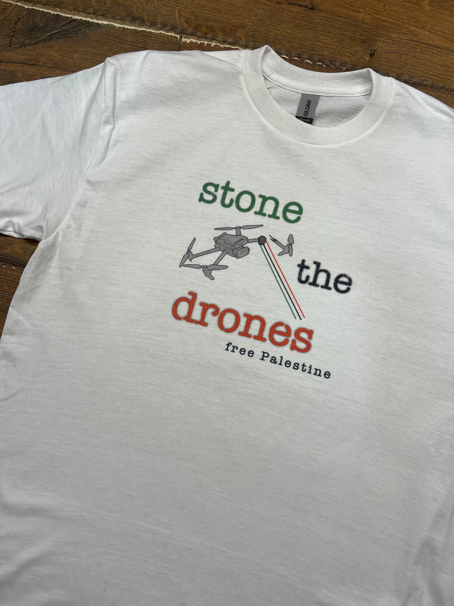 Stone the Drones T Shirt - Funding Operation Olive Branch - Zarifa Family