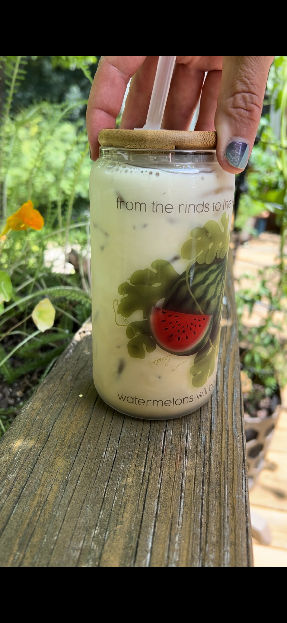 Watermelon Rinds and Seeds Glass Can with Bamboo Lid and Straw